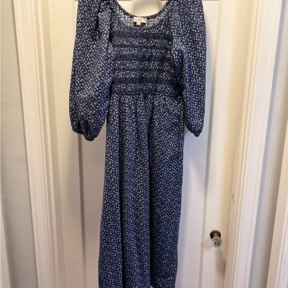 LOFT Blue Garden Clip Smocked Midi Dress